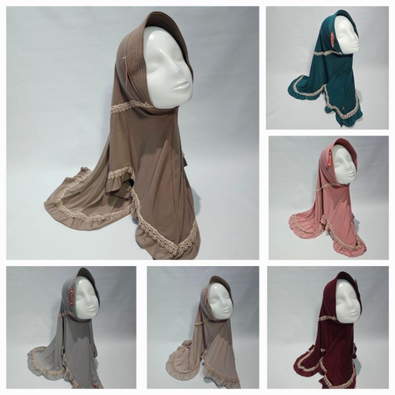 Jilbab instan/ Kerudung Bergo Jersey Premium Serut Belakang Tali/ Renda