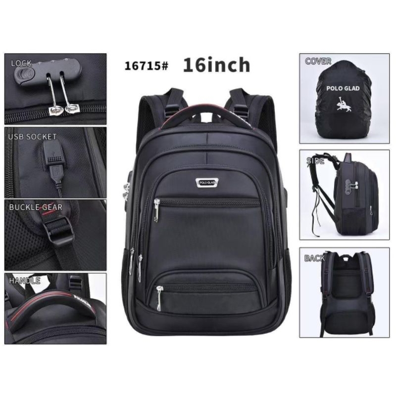 POLO GLAD Tas Ransel Sekolah 16 Inch Ransel Kerja Backpack Pria Wanita  ORIGINAL POLO