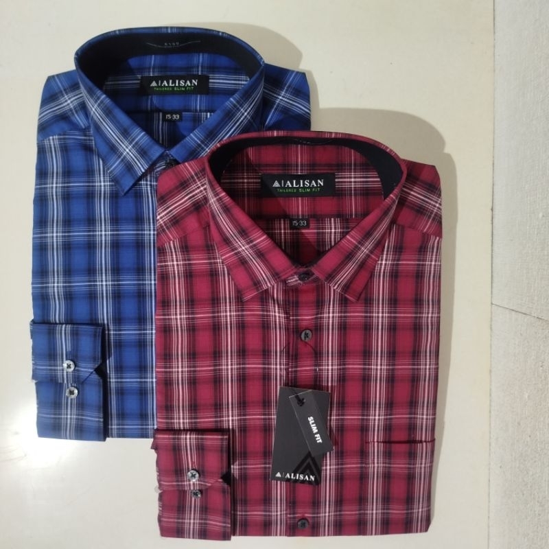 Alisan Kemeja Pria Kombinasi Kotak Merah/Biru Lengan Panjang Slimfit