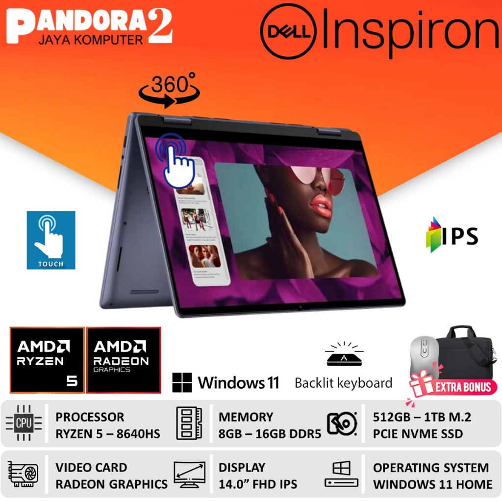 Laptop 2in1 Dell Inspiron 7445 AMD Ryzen 5 16GB 512GB SSD FHD Windows 11 Home Baru