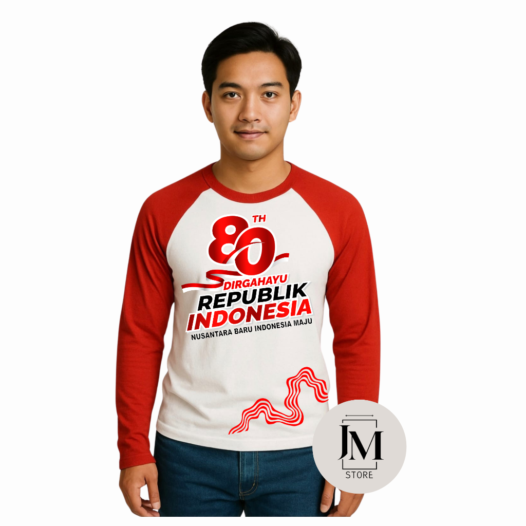 Kaos Raglan 17 Agustus HUT RI 80th Lengan Panjang Unisex Pria Wanita Baju Merah Putih Kemerdekaan 17