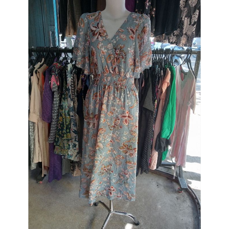 Dress Sifon Korea Biru Motif Bunga