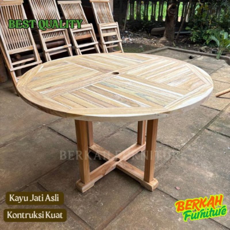 meja bundar lipat serbaguna D 120cm kayu jati asli