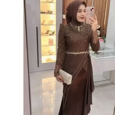 dress muslim terbaru bahan satin kombinasi brokat dan payet cantik menarik  satin maxmara warna cokl