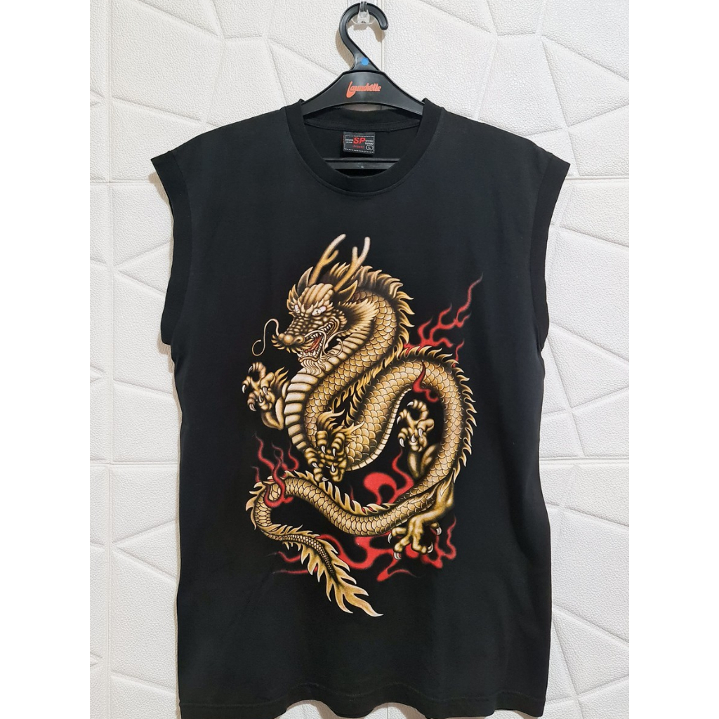 Preloved Kaos Pria Hitam Bali Muscle Tee (Tanpa Lengan) Motif Naga | T-Shirt Second XL
