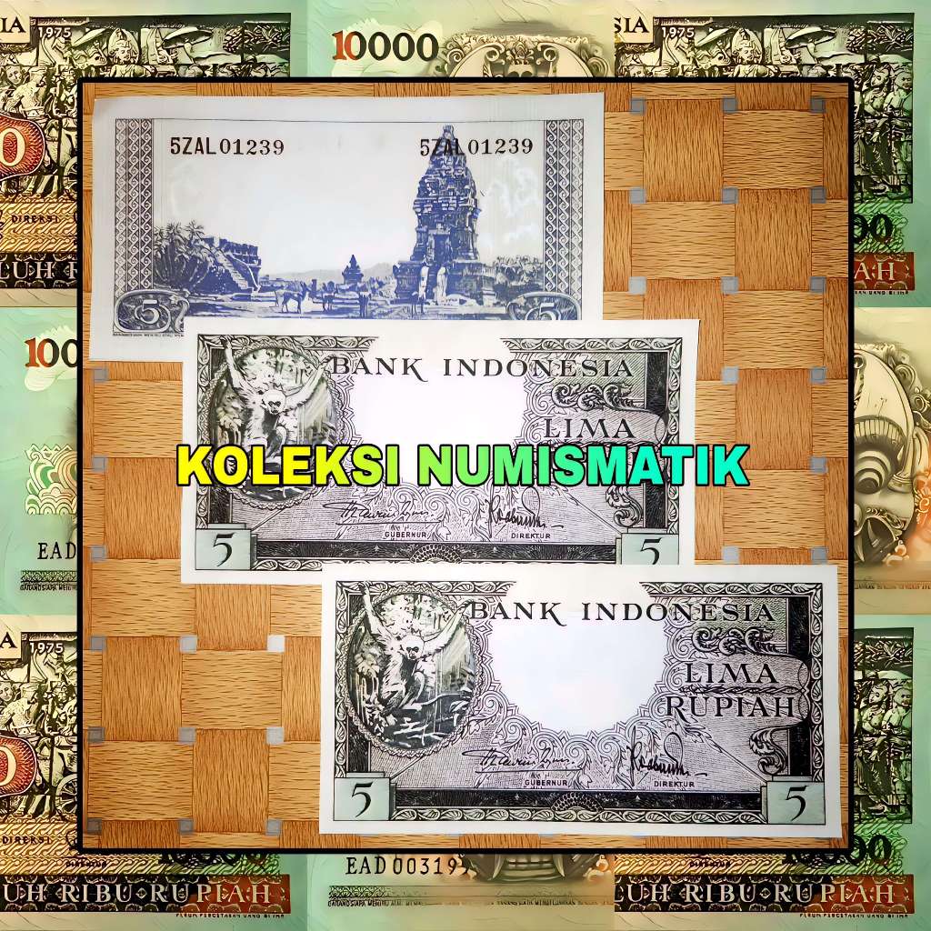 SOUVENIR REPRO UANG KERTAS KUNO INDONESIA 5 RUPIAH SERI HEWAN GIBBON 1957
