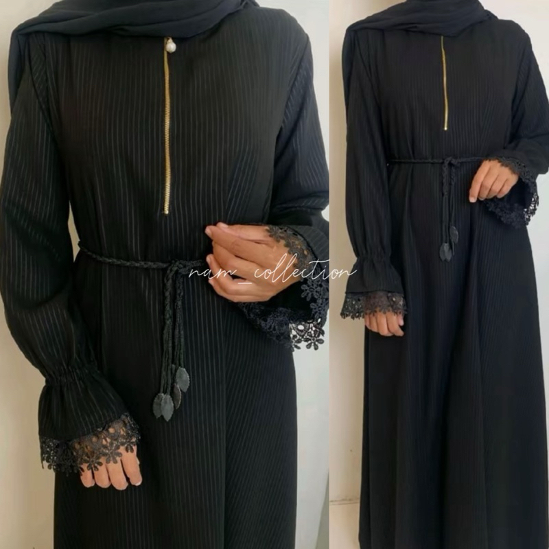 Abaya gamis hitam embos Saudi motif garis kombi tangan karet renda cantik simple ilegant