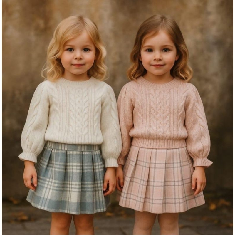 Set PREMIUM untuk anak perempuan : Sweater Rajut Halus+Rok Rajut Kotak THR