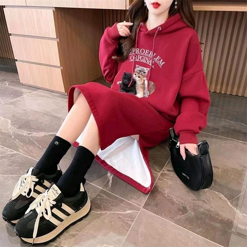 Dress Wanita /Dress Ada Hoodie/Dress Belahan kiri kanan Casual Panjang Nyaman