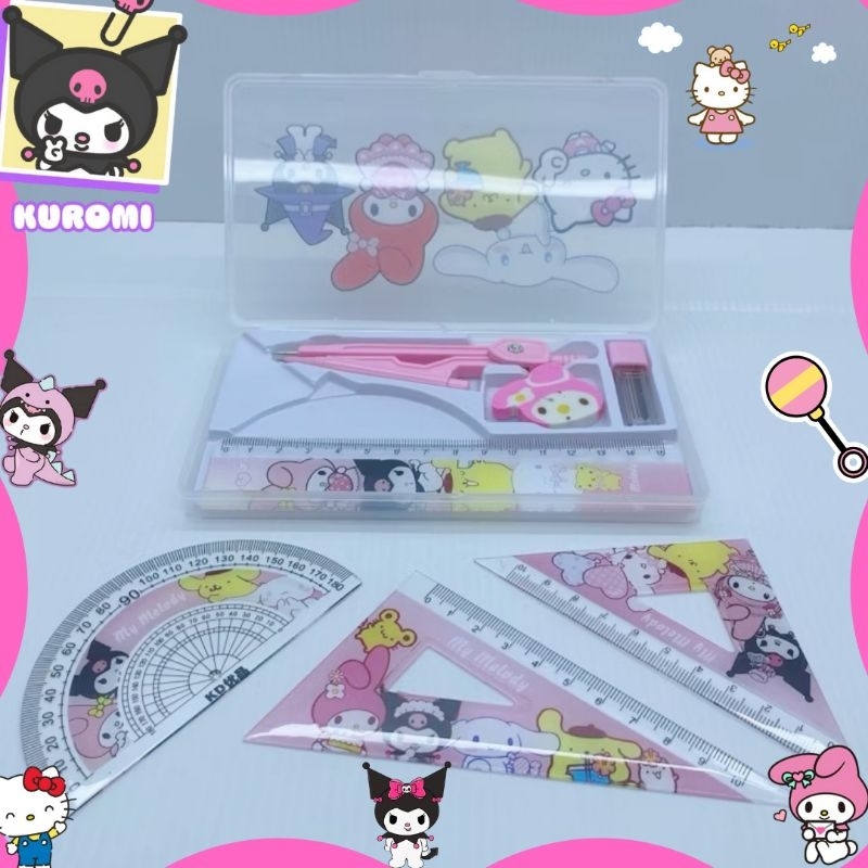 Jangka Penggaris Busur Sekolah / Paket Math set 7 in 1 / Busur Penggaris Sanrio / Jangka Busur Sekol