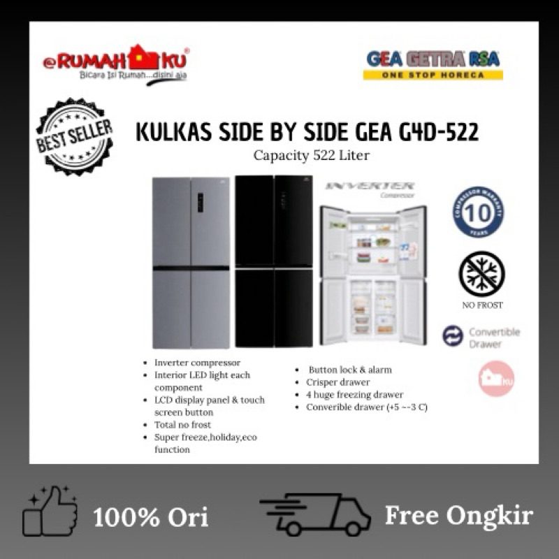 GEA KULKAS 4 PINTU SIDE BY SIDE G4D 522 INOX/BLACK GLAS NO FROST/GEA KULKAS 4 PINTU KAPASITAS 522 LI