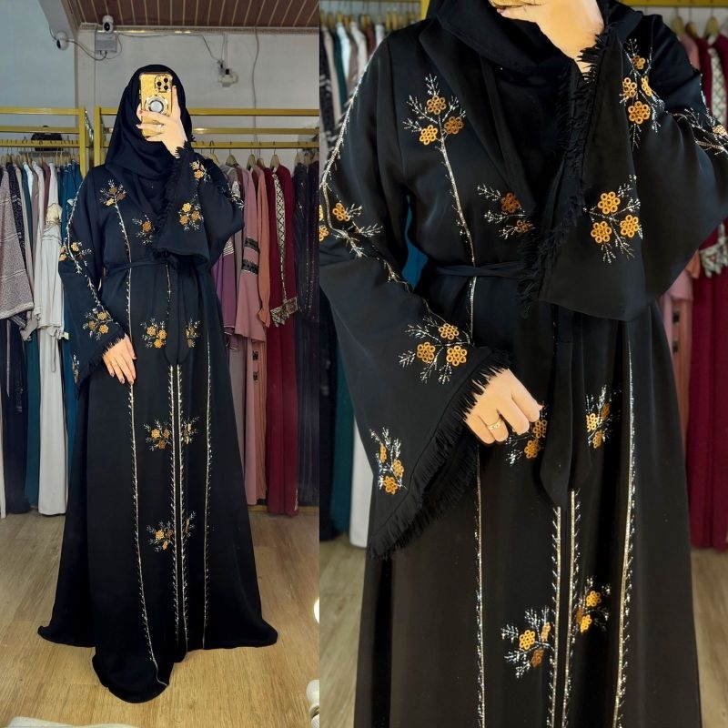 Dres Abaya Mesir Hitam Premium Motif Kembang