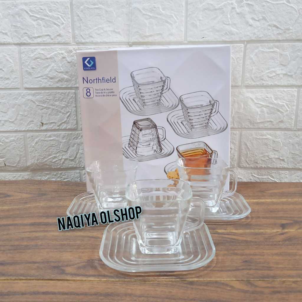 Gelas Set Kaca 1 Set Isi 8 Pcs Cangkir kopi dan Piring Tatakan Gelas Set Cantik Gelas Kaca