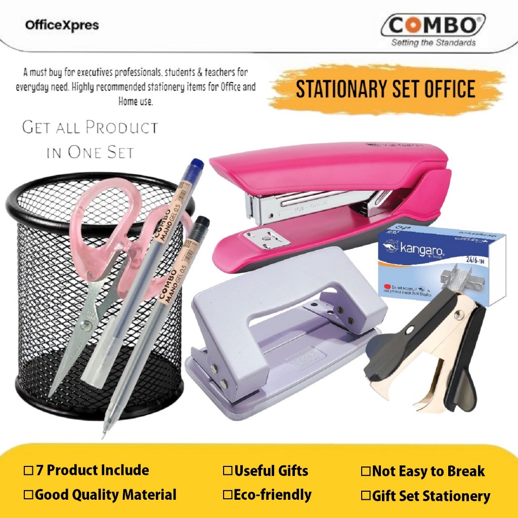 

Stationey Set Office / Paket Alat Tulis Kantor / Stationery Kit / Pen Stand + Gunting + Pulpen + Stapler + Isi Staples + Paper Punch + Remover dalam 1 set