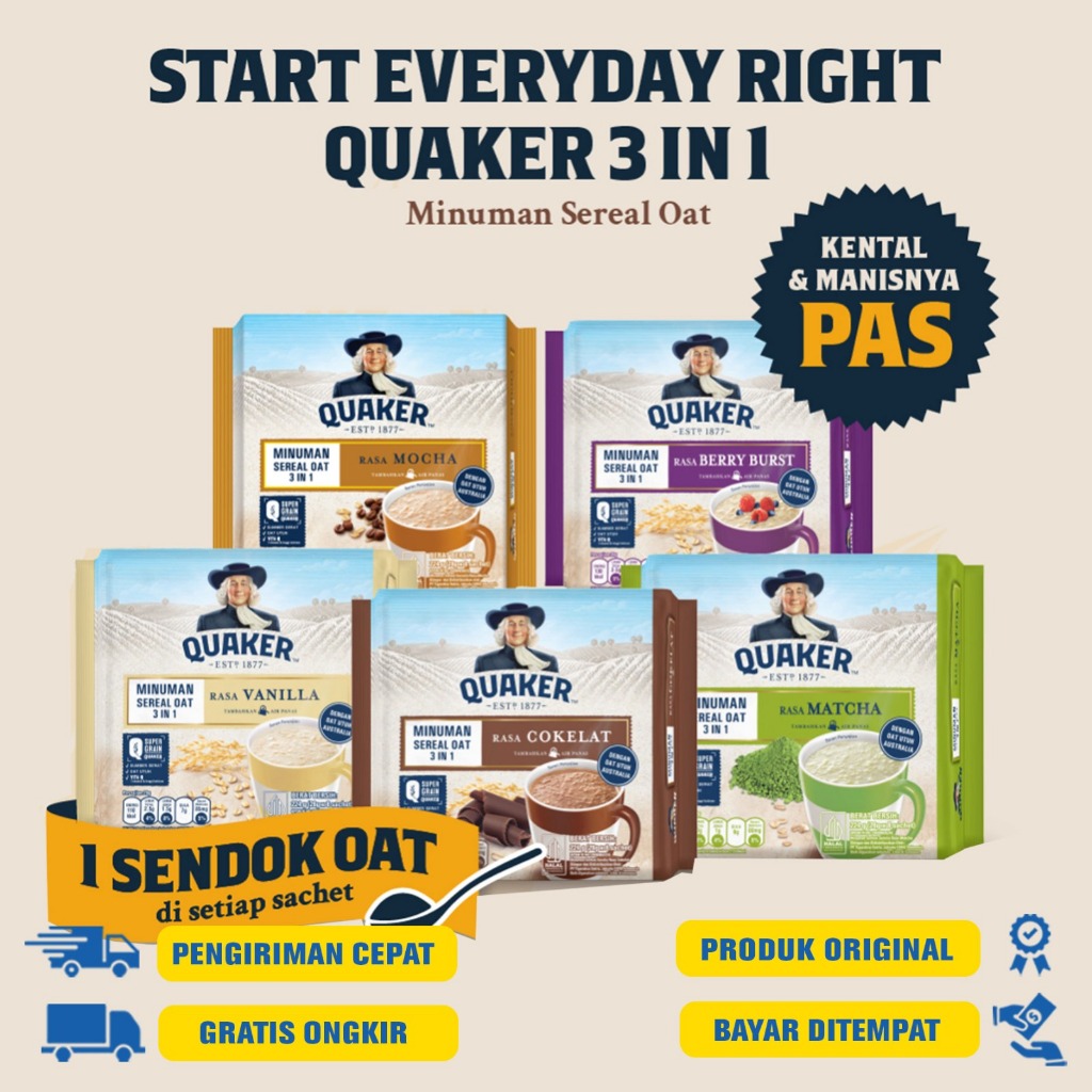 

Quaker 3in1 Minuman Sereal Oat 224 G.R - MATCHA | VANILLA | CHOCOLATE
