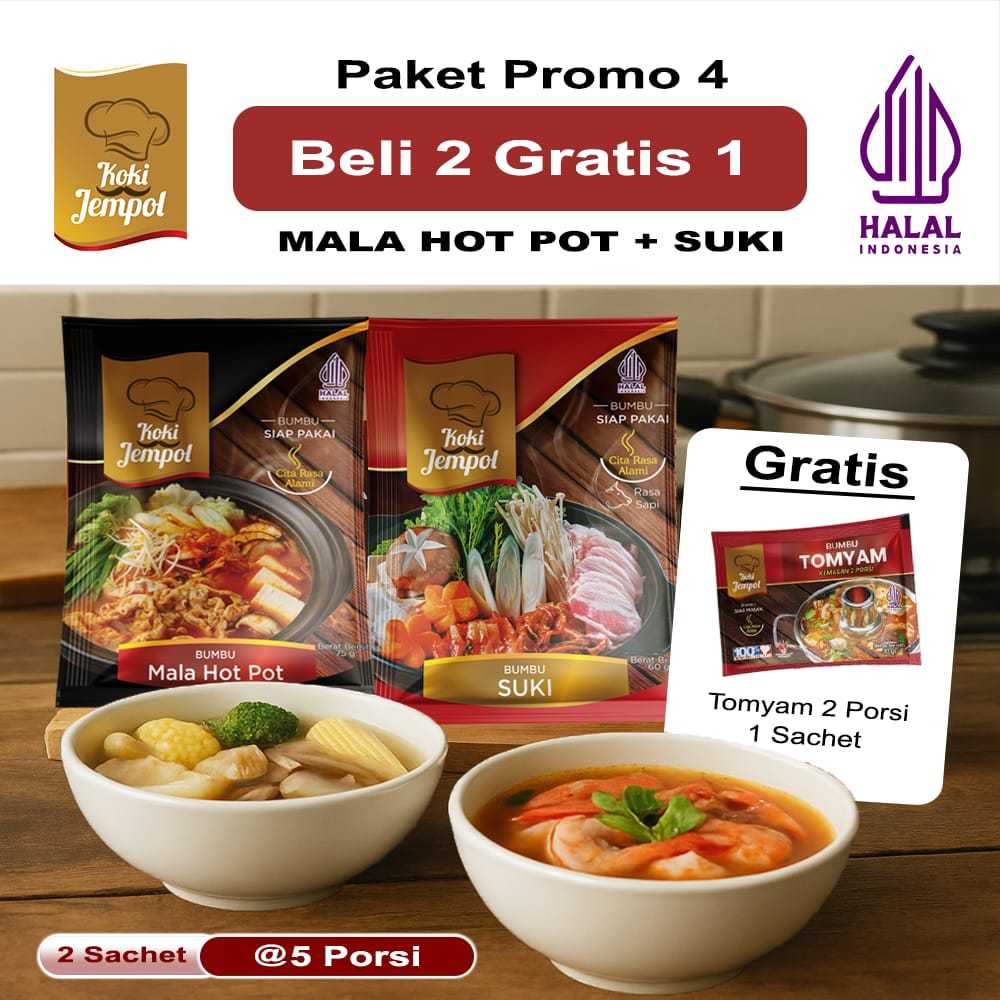

Buy 2 get 1 Bumbu Mala Hotpot dan Suki Gratis Tomyam 2 porsi Halal Tanpa Pengawet Koki Jempol