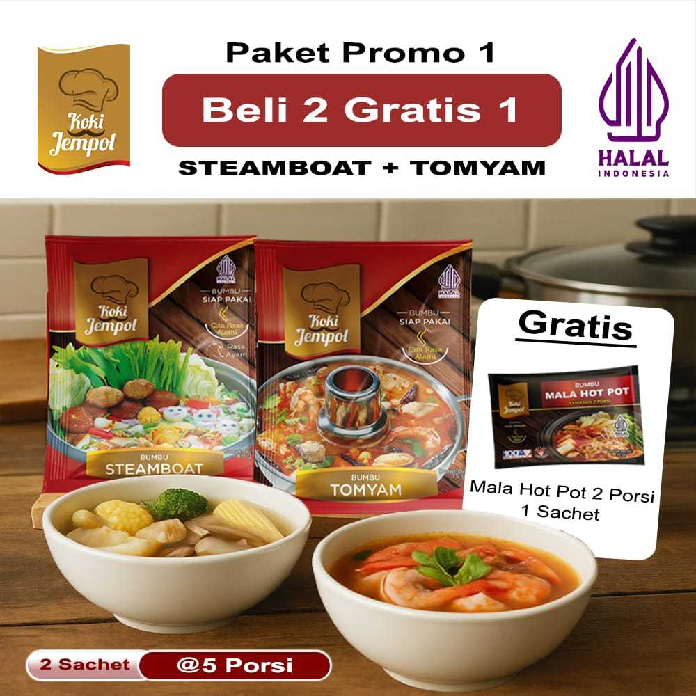 

Buy 2 get 1 Bumbu Tomyam dan Steamboat Gratis Mala Hotpot 2 Porsi Halal Tanpa Pengawet Koki Jempol Paket 1