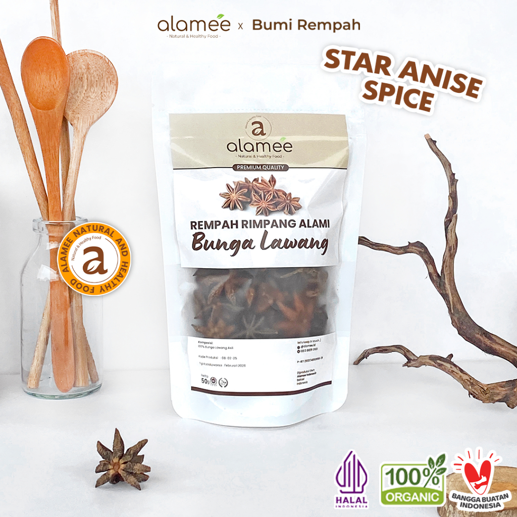 

ALAMEE Bunga Lawang Kering Pekak Star Anise Rempah Organik Alami Bumbu Seasoning Masakan Masak 50gr