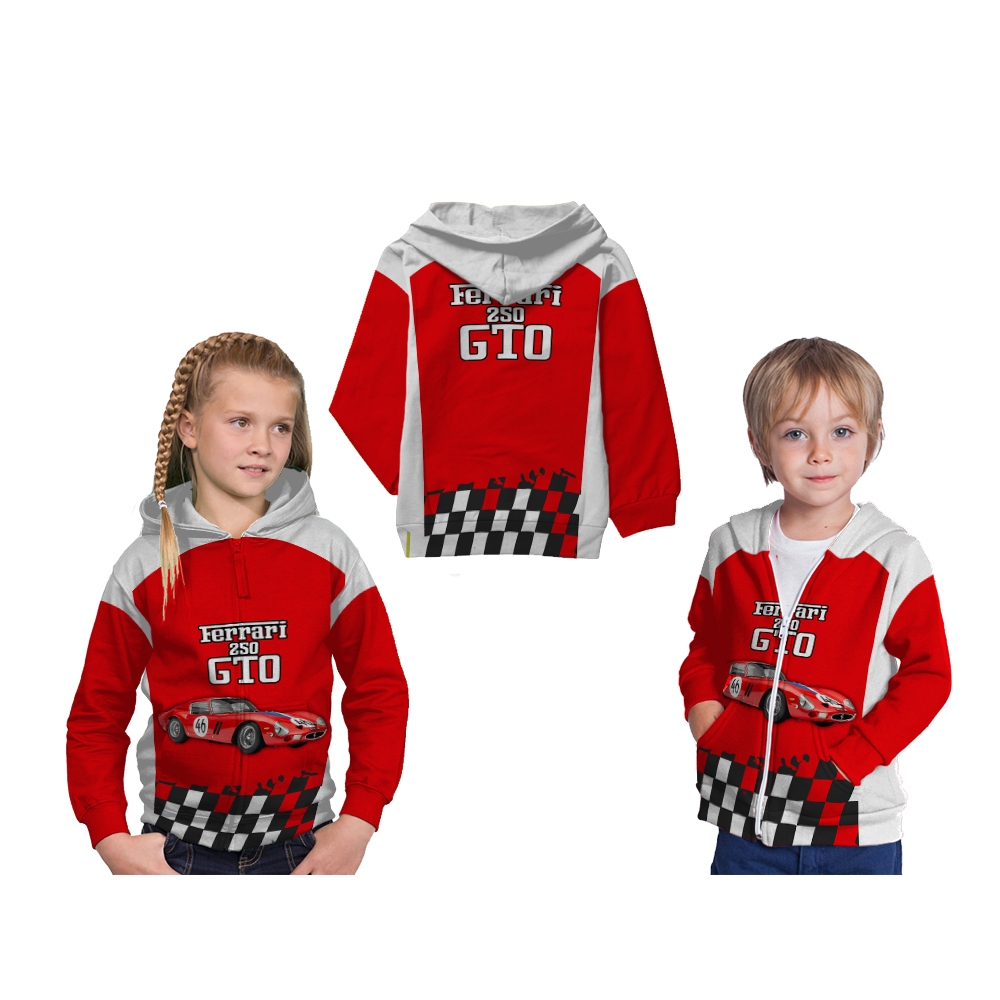 Jaket Hoodie Zipper anak Ferrari 250 GTO Mobil Balap Merah VERSI 2025 Full Printing Custom