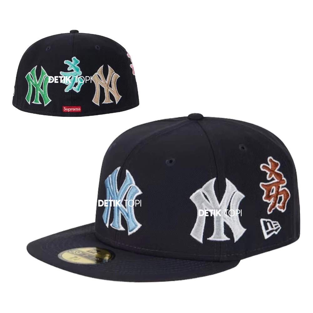 Topi Fitted Snapback NY New York Yankees X Supreme Kanji Japanese Black Bordir Build Up Cap
