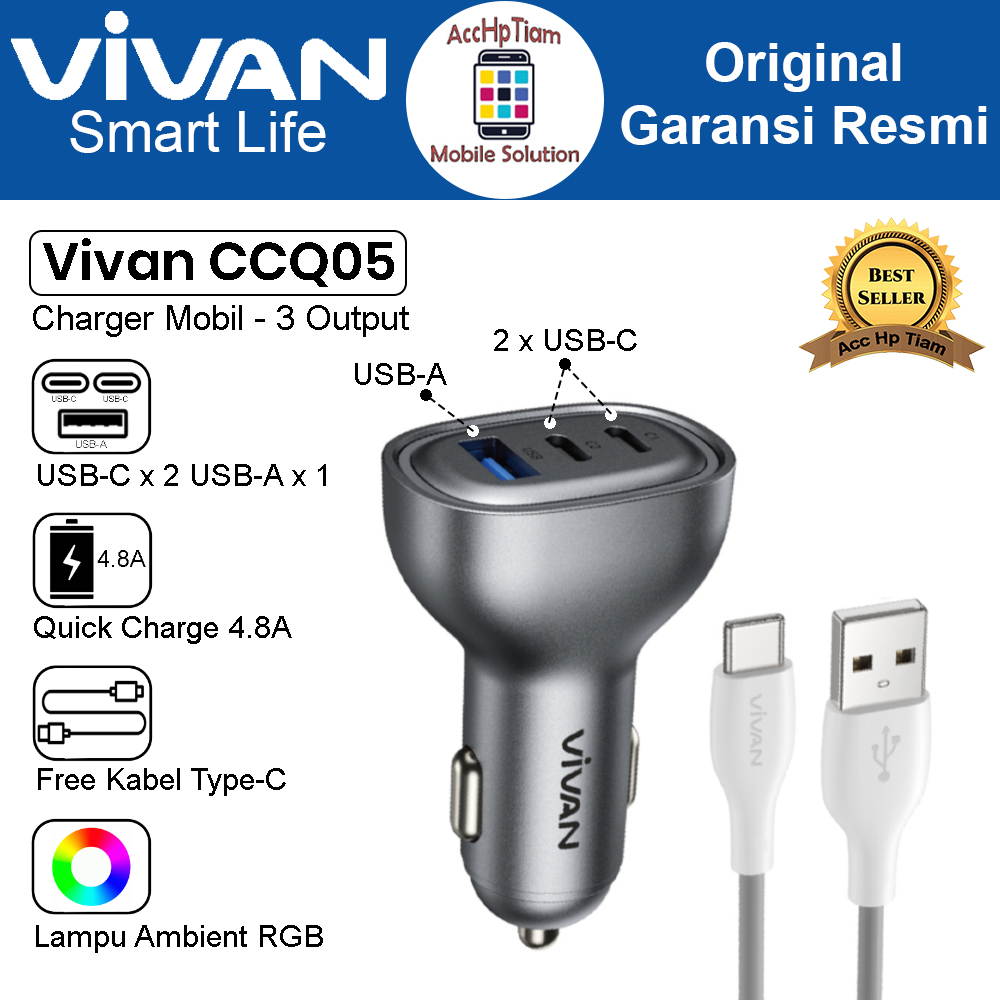 Charger Mobil Vivan CCQ05 - 3 Output 4.8A Max with RGB Light - Gratis Kabel Type-C AccHpTiam
