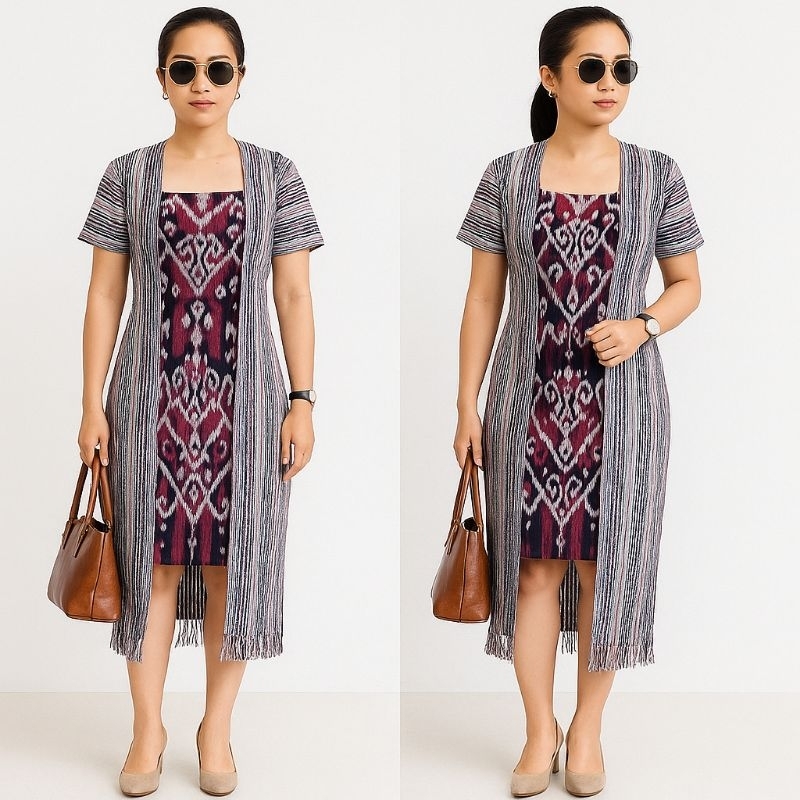 Dress Tenun Wanita Etnik Jepara Motif Toraja NTT - Gaun Adat Modern Elegan