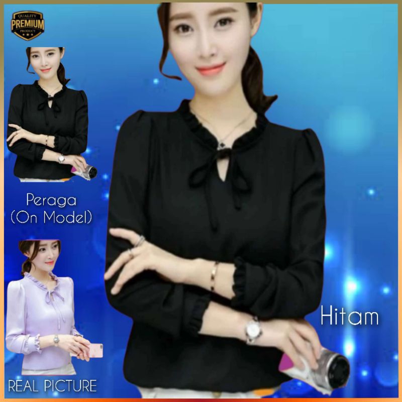 Atasan wanita TM 7634 baju Kemeja blouse Blossom Elegan Korea Hitam
