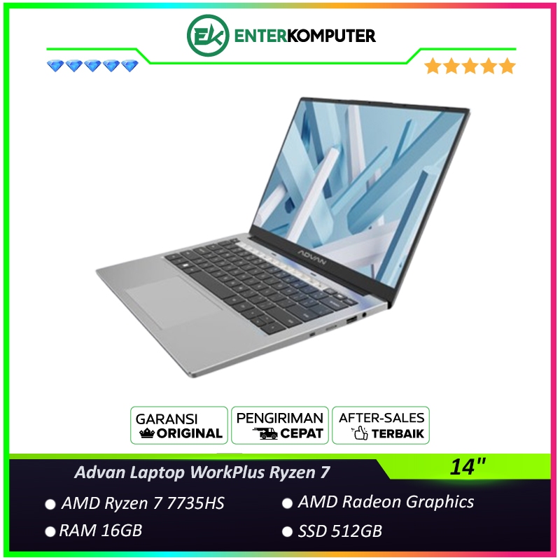 Advan Laptop WorkPlus Ryzen 7 - Laptop Ryzen 7 7735HS RAM 16GB SSD 512GB AMD Radeon Graphics 14" FHD