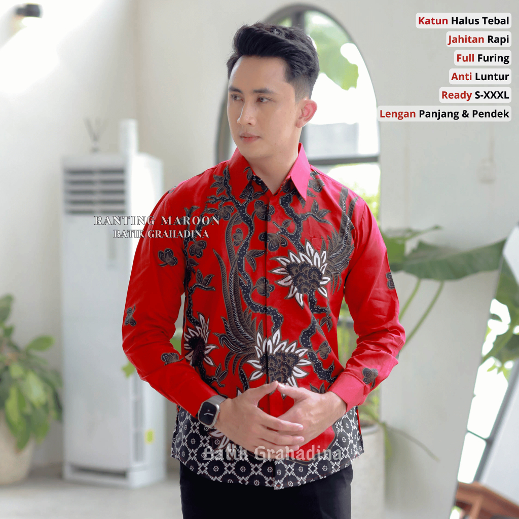 Ranting Merah Maroon Slimfit Kemeja Batik Pria Lengan Panjang Katun Halus Furing| Seragam Batik Kelu