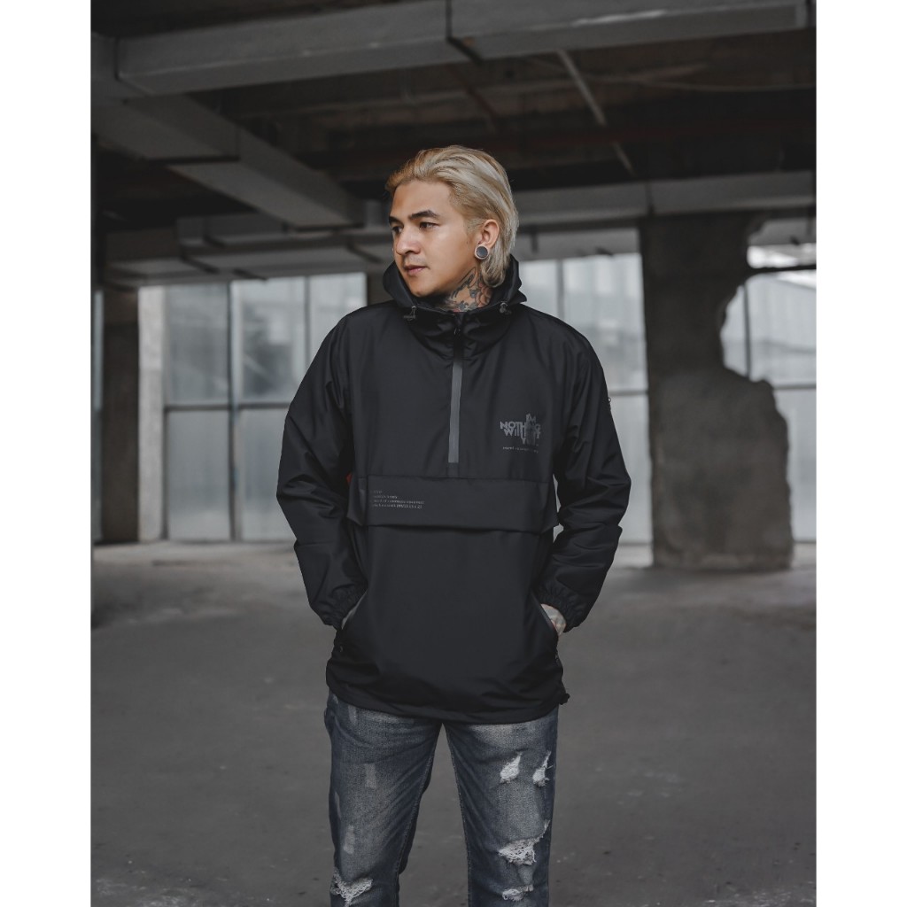 Jaket Parasut Pria - Jaket Cagoule Casual Polos Hitam Kombinasi Distro Premium Optimize