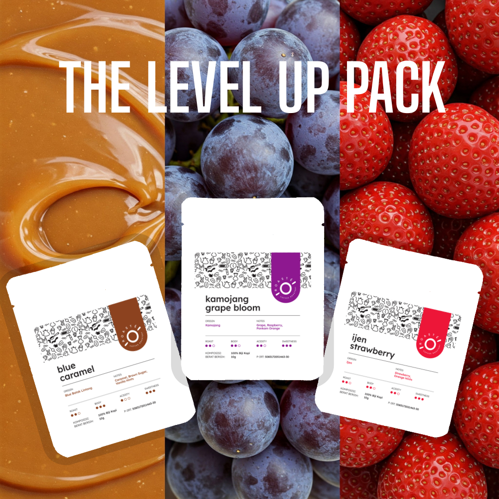 

The Level Up Drip Bag Package - 3 Rasa Caramel Grape dan Strawberry Arabica Coffee Pourover V60