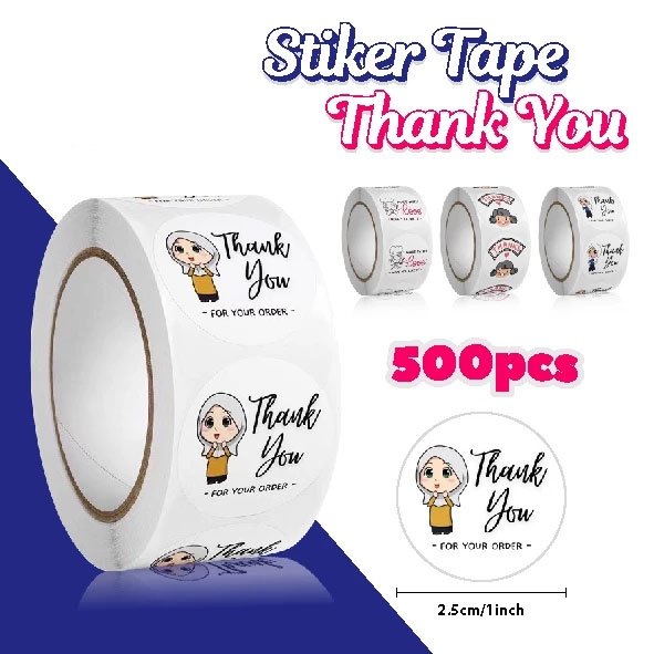 

STICKER TAPE CUSTOM THANK YOU 1 ROLL ISI 500 PCS MADE WITH LOVE FOR YOUR ORDER HIJAB 2.5 CM