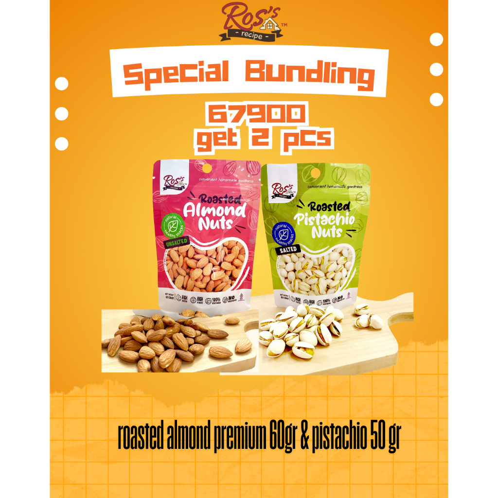 

Ros Recipe Promo Bundling Kacang Panggang Almond premium 60gr dan Pistachio 50gr