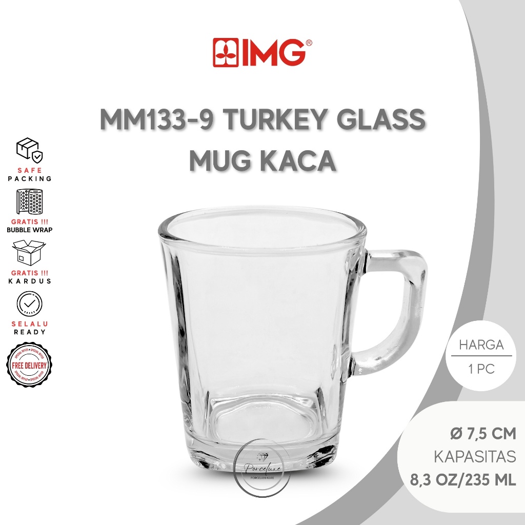 IMG Mug Kaca Dengan Gagang MM133-9 Clear Diameter 7,5 cm Kapasitas 260 ml Glass With Handle Gelas Ca