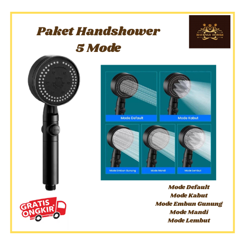 Arwana_Berry Paket Handshower 5 Mode Premium Hitam / Silver ( Chrome ), Kepala Handshower 5 Mode