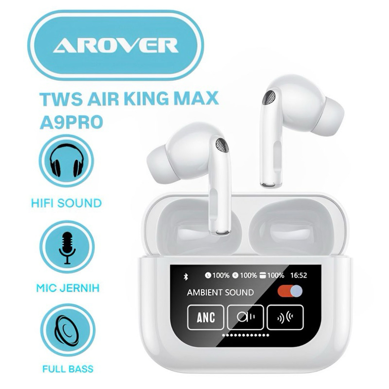 TWS AIR KING MAX A-9PRO AROVER // EARPHONE BLUETOOTH FULLBASS DIGITAL TOUCH SCREEN