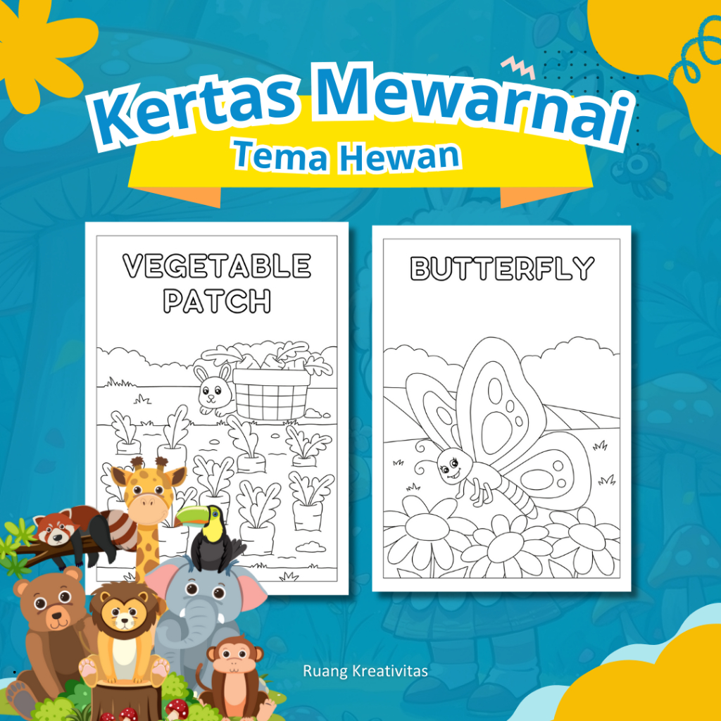 KERTAS MEWARNAI ANAK TEMA Hewan / KERTAS GAMBAR MEWARNAI UNTUK ANAK PAUD TK SD - A4 TEBAL
