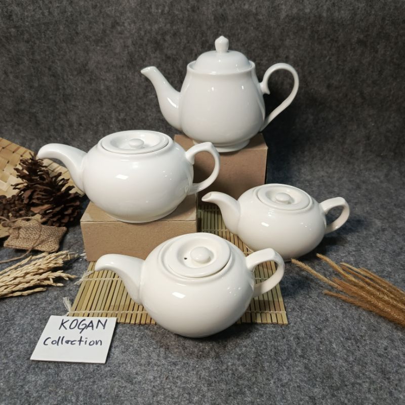 TEA POT KERAMIK PORSELEN CGA-01, TEKO TEH KERAMIK 0.7L-1L, MOTIF PUTIH PORSELEN KITCHENWARE Cangkir