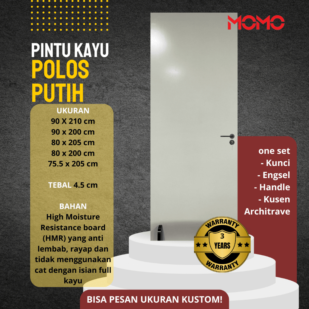 MOMO - Polos Putih Simpel Custom Tebal Kedap Suara Pintu Kayu Utama Kamar