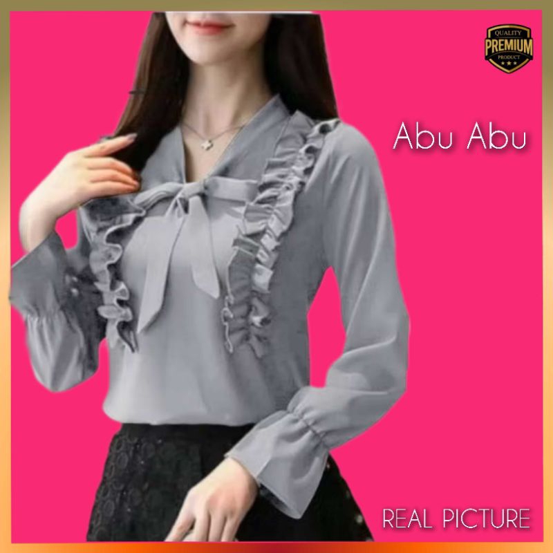 Atasan Wanita TM 2837 Baju Kemeja Blouse Kerja Elegan Korea Abu Abu