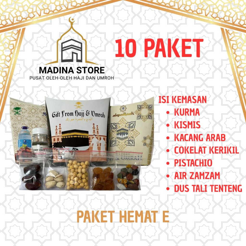 

Paket Hemat 10pcs Oleh-oleh Haji dan Umroh Paket E isi Air Zamzam