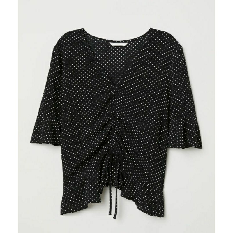 HNM BLOUSE DRAWSTRING TOP V NECK ATASAN HITAM POLKADOT TALI SERUT BELL SLEEVE KOREA ORIGINAL