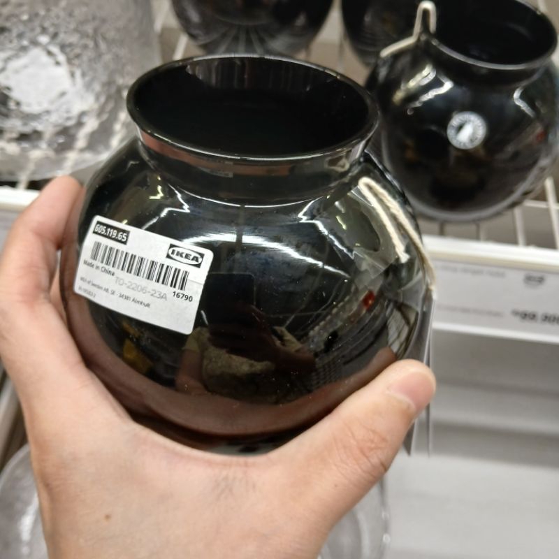 IKEA KONSTFULL vas bunga bulat kaca hitam vase kaca