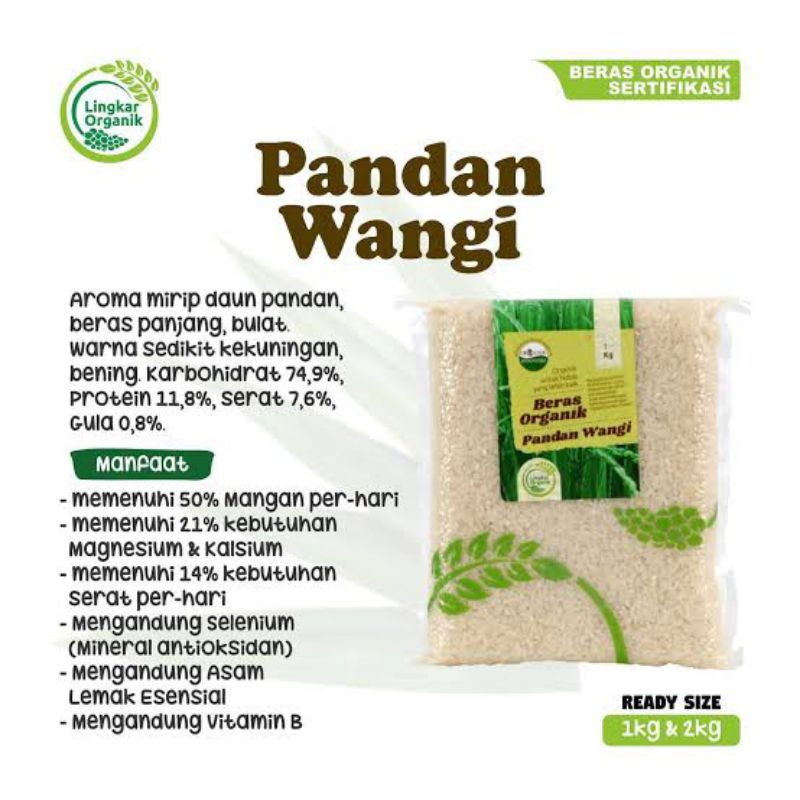

Beras Pandan Wangi Organik 1kg Kemasan Vacum - Beras Pulen Non GMO - Lingkar Organik