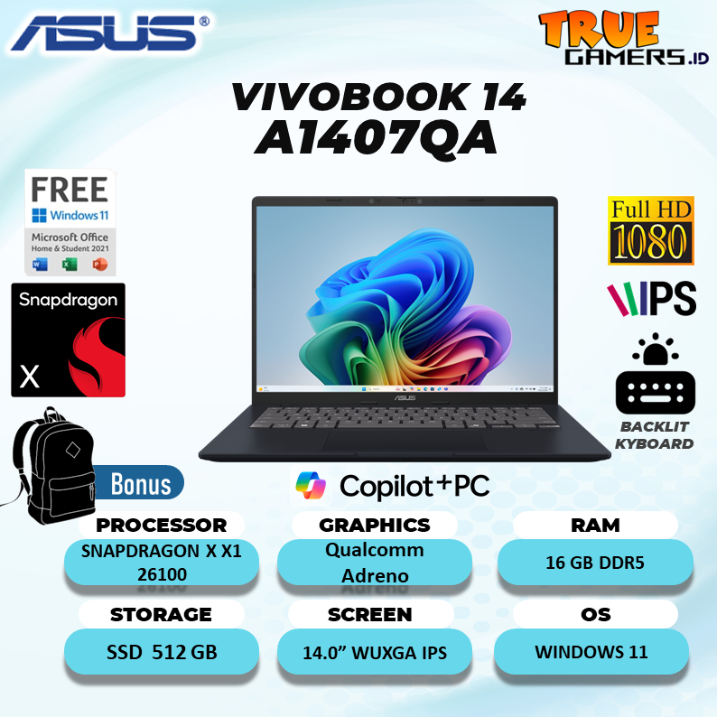 Laptop Asus VIVOBOOK 14 A1407QA SNAPDRAGON X X1 26100 16GB 512GB W11+OHS 14.0" WUXGA