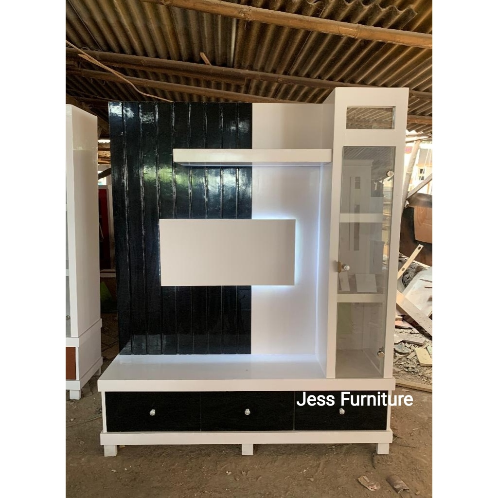 Partisi Backdrop TV ,Pajangan Tv Minimalis Modern , Pajangan TV 40inc , Partisi TV Unik Hitam