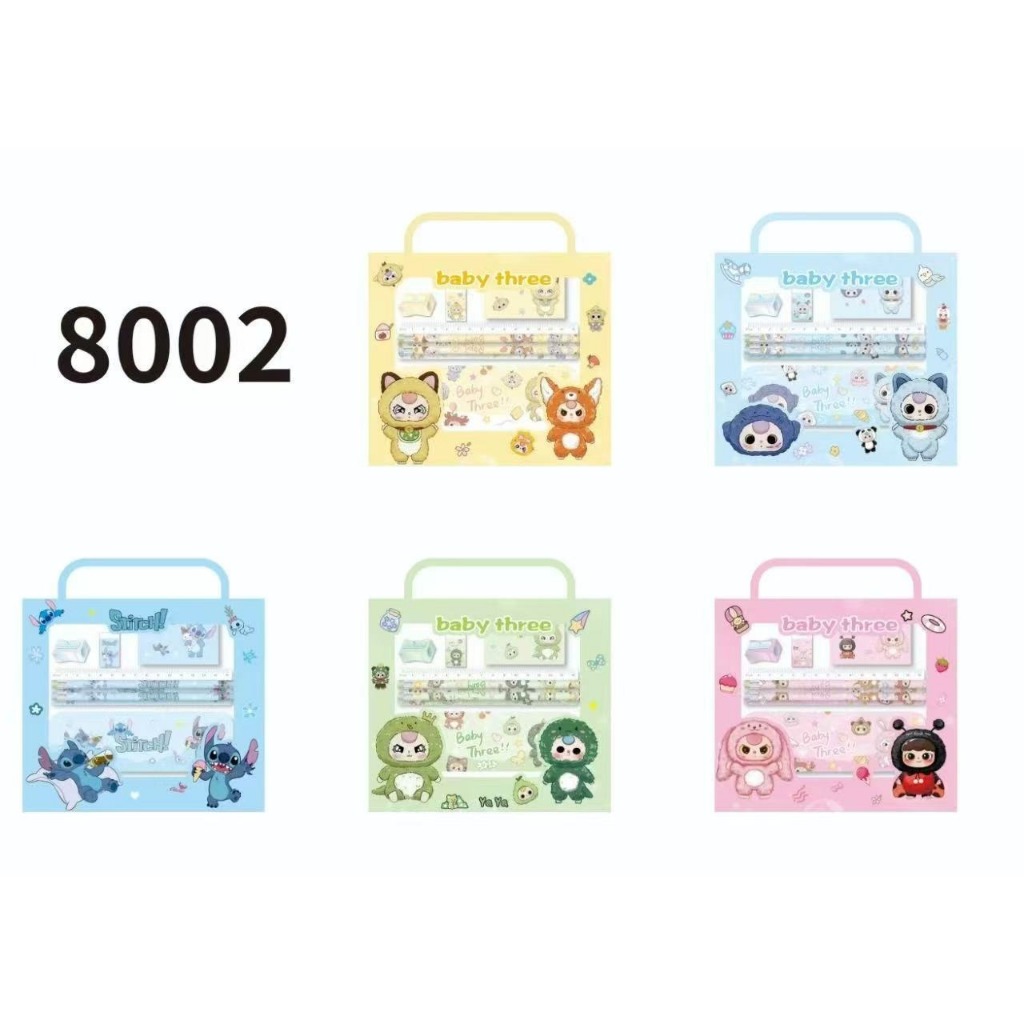 

{Baby Three} Set Alat Tulis (Kotak Pensil, Penggaris, Pensil, Rautan, Penghapus, Note) No. 8002