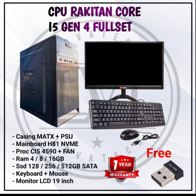PC KOMPUTER FULLSET CORE I5 MURAH/ CPU RAKITAN FULLSET CI5 GEN 4 RAM 16GB / SSD 512GB SATA + MONITOR