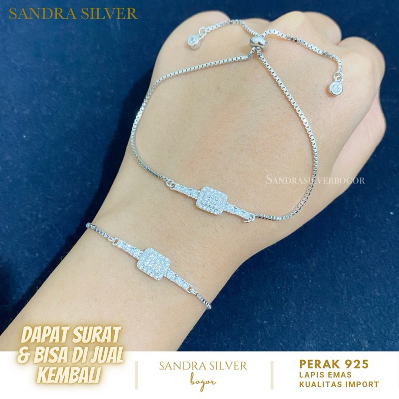 Gelang Serut Perak 925 Kotak permata lapis emas putih