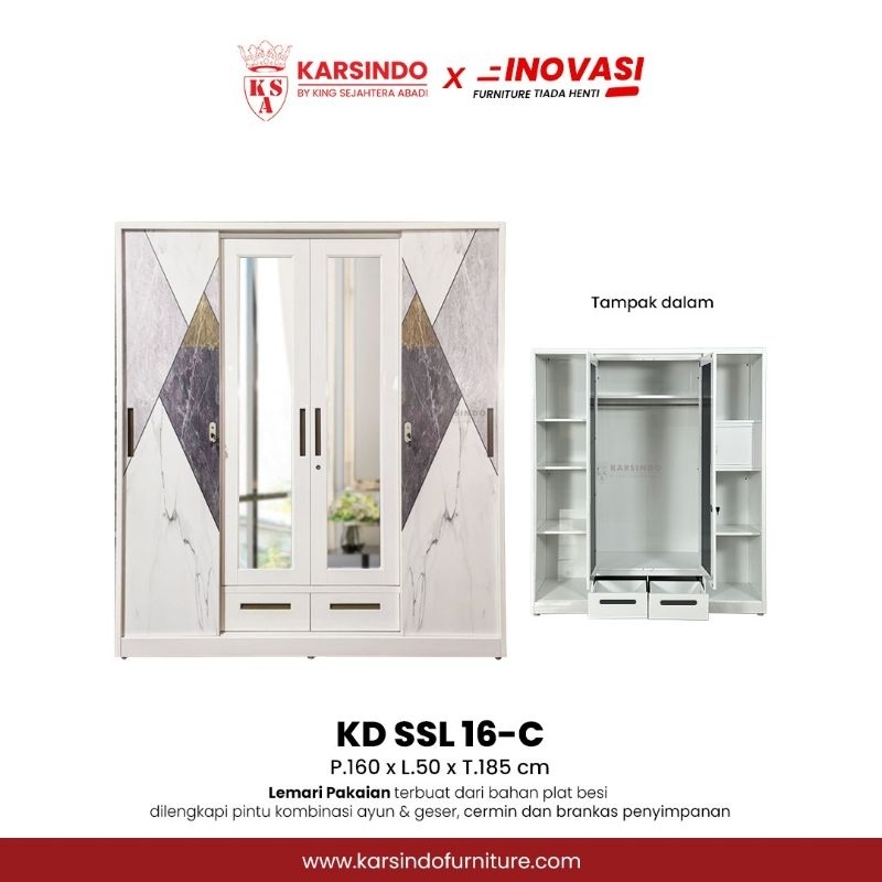 LEMARI PAKAIAN IMPORT BESI 4 PINTU INF-W16SS / LEMARI BAJU IMPOR BAHAN PLAT BESI 4 PINTU SLEDING